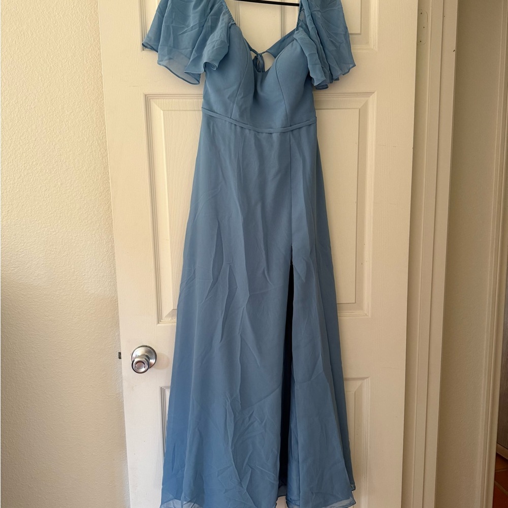 Azazie Steel Blue Flutter Sleeve Dress